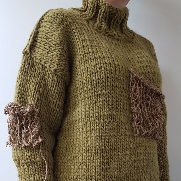 Wool winter set, sweater, matching hat and scarf,olive green color, hand knitted - Picture 12 of 13